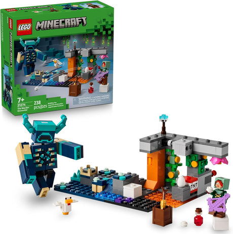 LEGO Minecraft set featuring the Warden figure, cave scene, Silent Ranger minifigure, chicken, and accessories for adventure play.