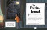 Illustrated Spooky Stories book page featuring The Phantom Journal and a child reading by a window