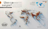 World map showing global population density with raised areas highlighting highly populated regions across continents.