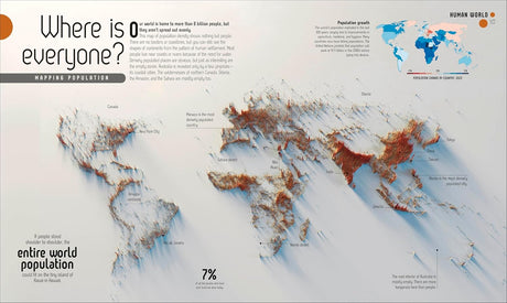 World map showing global population density with raised areas highlighting highly populated regions across continents.