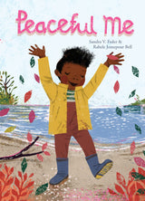 Peaceful Me book cover showing a joyful child with arms raised surrounded by falling leaves near water.