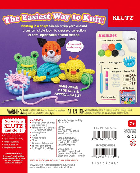 Make Your Own Loom Animals kit with mini loom, yarn, hook, stuffing, and instructions to knit cute animal plush toys.