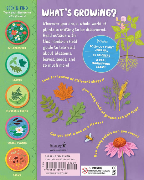 Backpack Explorer: Discovering Plants and Flowers book cover with activities, stickers, and plant illustrations on purple background.