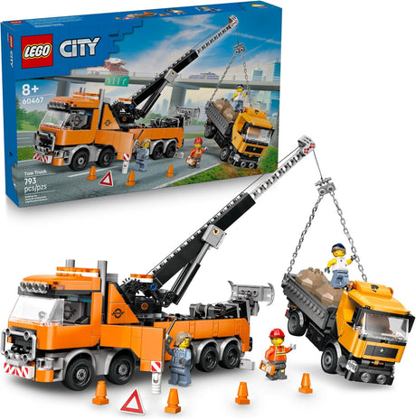 LEGO City heavy-duty orange tow truck with crane lifting a dump truck and three worker minifigures playing outdoors