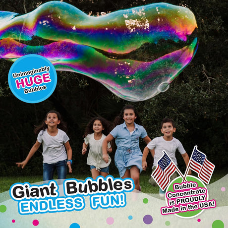 WOWmazing Bubbles Grab-N-Go Giant Bubble Kit creating huge colorful bubbles with kids playing outdoors.