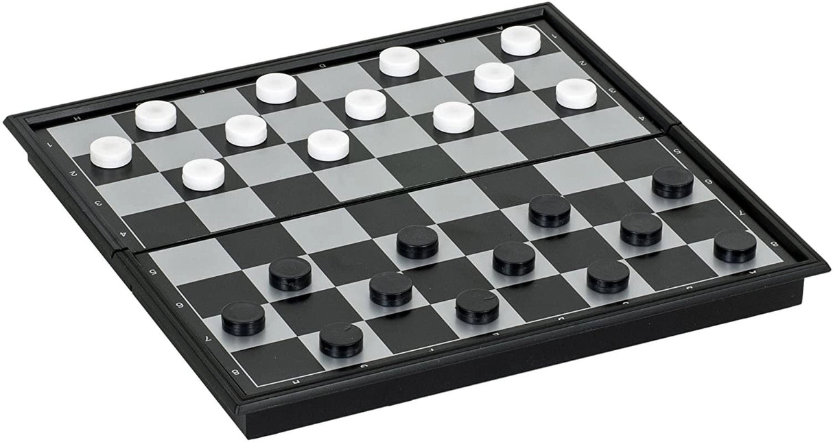 Magnetic travel checkers set with black and white pieces on a foldable board for games on the go