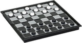 Magnetic travel checkers set with black and white pieces on a foldable board for games on the go