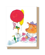 Whimsical illustration of a pig and a worm with balloons enjoying a birthday party scene on a tri-fold card.