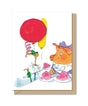Whimsical illustration of a pig and a worm with balloons enjoying a birthday party scene on a tri-fold card.
