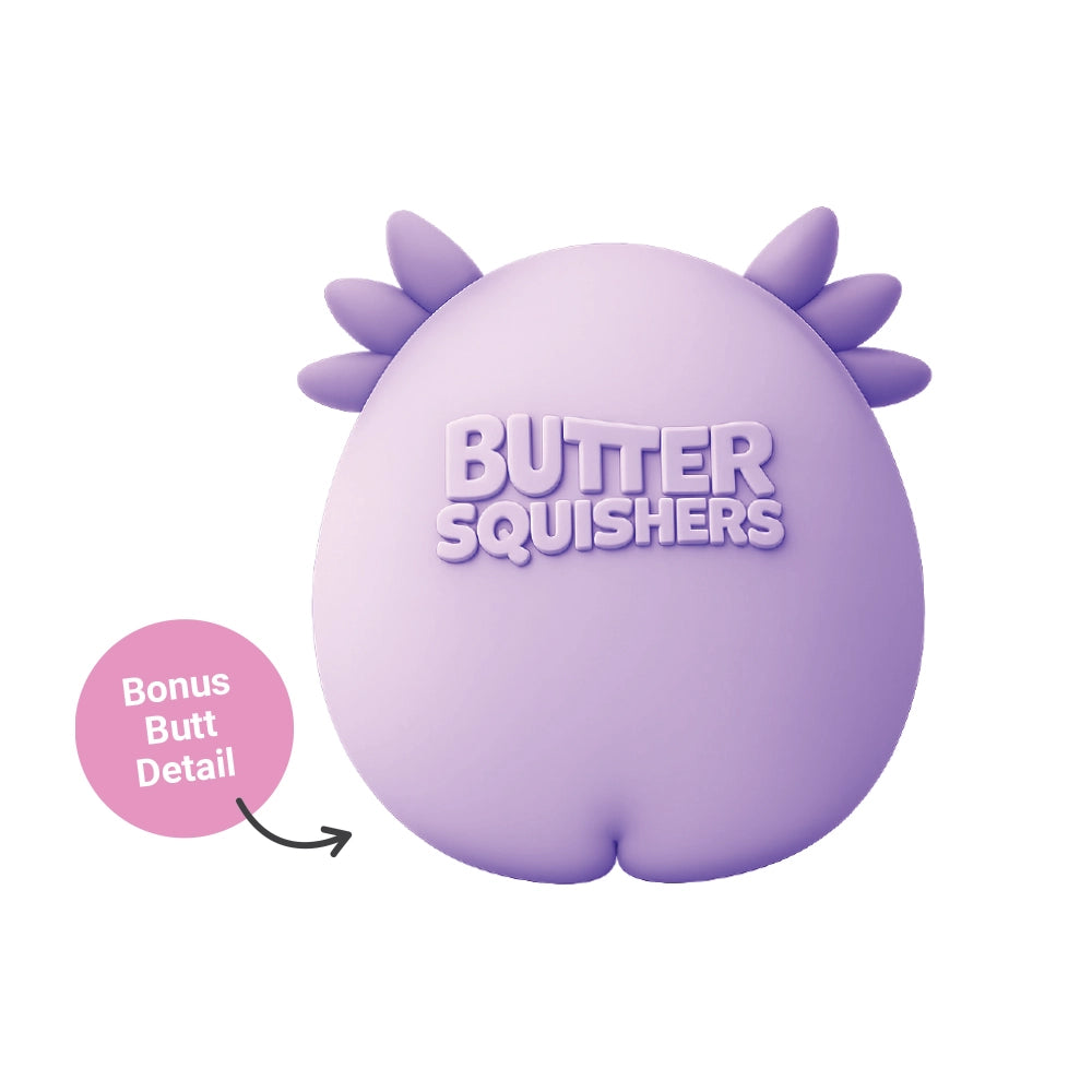 Purple round character with spikes, Butter Squishers text, and a Bonus Butt Detail callout