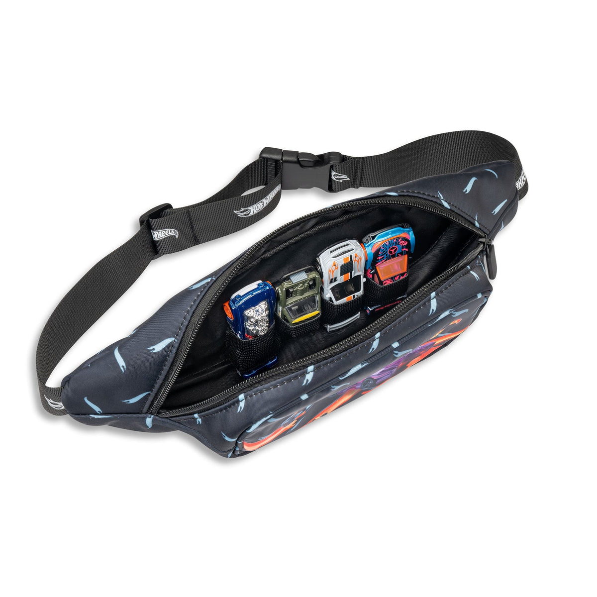 Hot Wheels Off the Track Belt Bag shown open with four toy cars inside