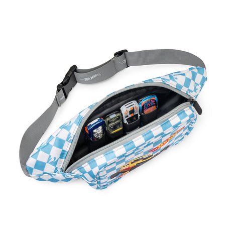 Hot Wheels Turbo Blaze Belt Bag with adjustable strap and toy cars inside a zippered compartment