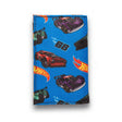 Hot Wheels Classic '68 Tri-Fold Wallet with colorful race car graphics on blue fabric