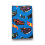 Hot Wheels Classic '68 Tri-Fold Wallet with colorful race car graphics on blue fabric