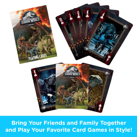 Jurassic World Playing Cards featuring dinosaur images and characters for fun family game nights and collectibles.