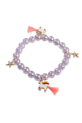 Unicorn Star Bracelet with purple iridescent beads, unicorn charms with coral tassels, and gold star charms.