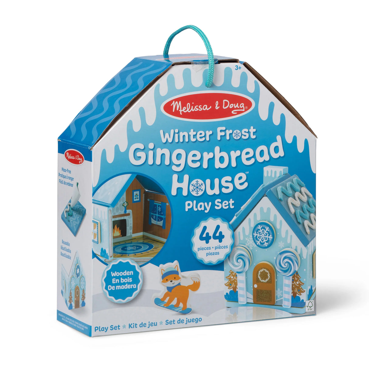 Winter Frost wooden gingerbread house play set with reusable decor and icy blue design for festive pretend play