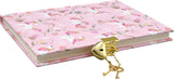 Pink locking diary with unicorns, flowers, and gold heart-shaped lock with two keys on hardcover journal