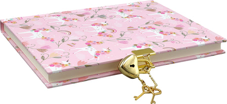 Pink locking diary with unicorns, flowers, and gold heart-shaped lock with two keys on hardcover journal