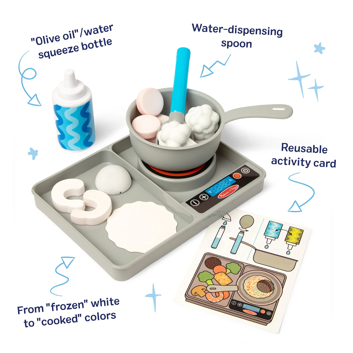 Child’s stovetop play set with pot, water spoon, squeeze bottle, play food, and reusable activity card