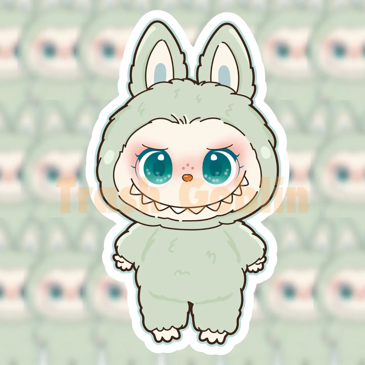 Cute Labubu character wearing a pastel green fuzzy animal costume with big blue eyes and playful expression sticker design