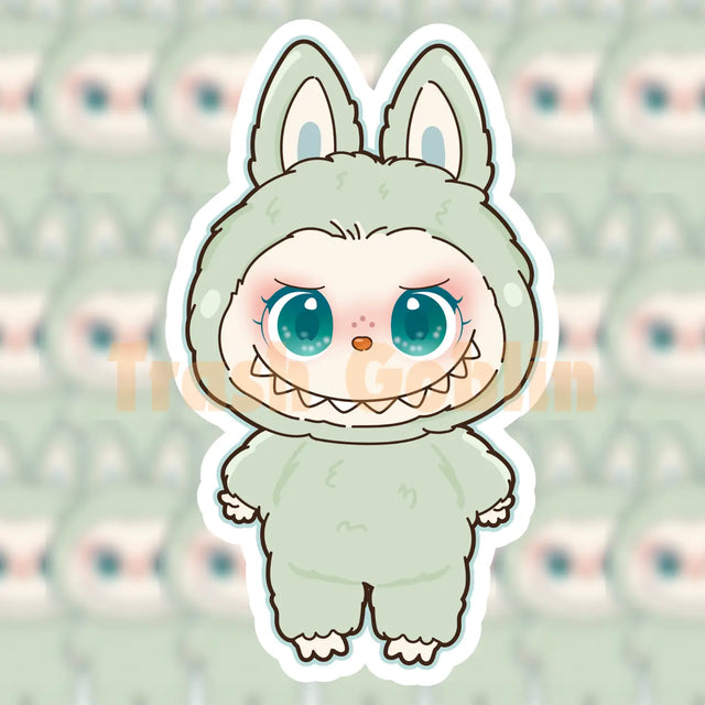Cute Labubu character wearing a pastel green fuzzy animal costume with big blue eyes and playful expression sticker design