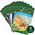Stack of eight Magic Tree House book cover cards featuring Jack and Annie’s adventures through time and history