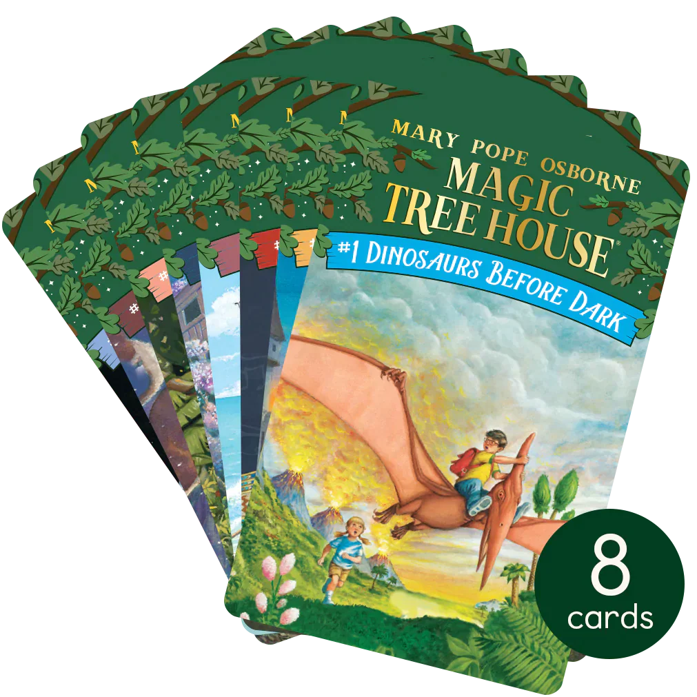 Stack of eight Magic Tree House book cover cards featuring Jack and Annie’s adventures through time and history