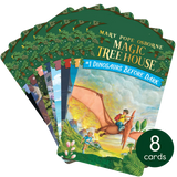 Stack of eight Magic Tree House book cover cards featuring Jack and Annie’s adventures through time and history