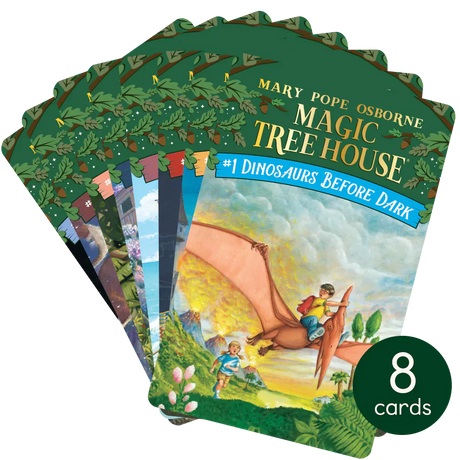 Stack of eight Magic Tree House book cover cards featuring Jack and Annie’s adventures through time and history