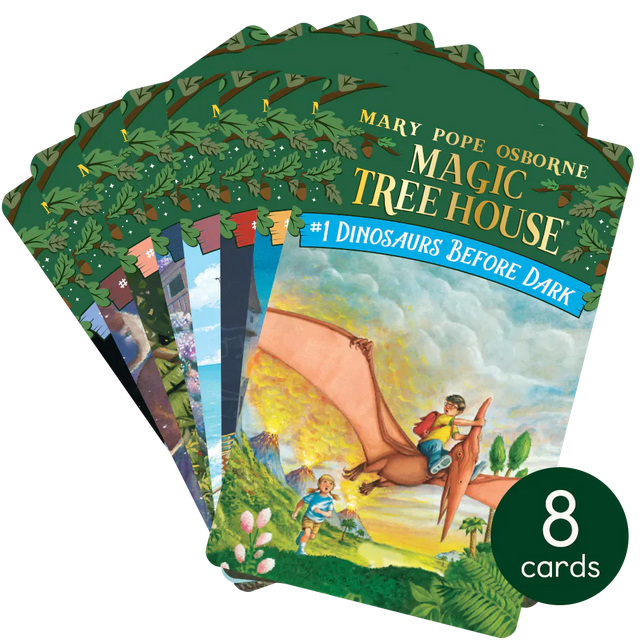 Stack of eight Magic Tree House book cover cards featuring Jack and Annie’s adventures through time and history