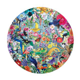 Round puzzle filled with vibrant flowers, diverse birds, butterflies, and lush greenery in a colorful garden scene