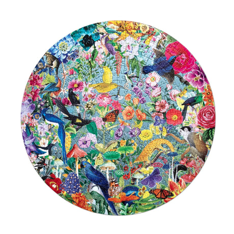 Round puzzle filled with vibrant flowers, diverse birds, butterflies, and lush greenery in a colorful garden scene