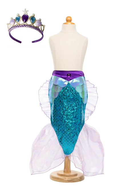 Mermaid Glimmer Skirt Set with Headband | Lilac featuring shimmering scales skirt and decorated tiara on mannequin.