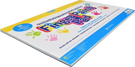 Large junior finger paint pad with 50 glossy, thick, top-bound sheets and sturdy cardboard backing for creative kids