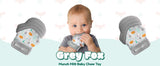 Munch Mitt | Grey Woodland teething mitt worn by baby with textured silicone surfaces for soothing gums.