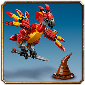 LEGO Harry Potter Fawkes: Dumbledore's Phoenix posable figure with Sorting Hat and Sword of Gryffindor accessories.