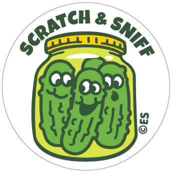 Three smiling dill pickles inside a jar with text Scratch & Sniff in a circular design
