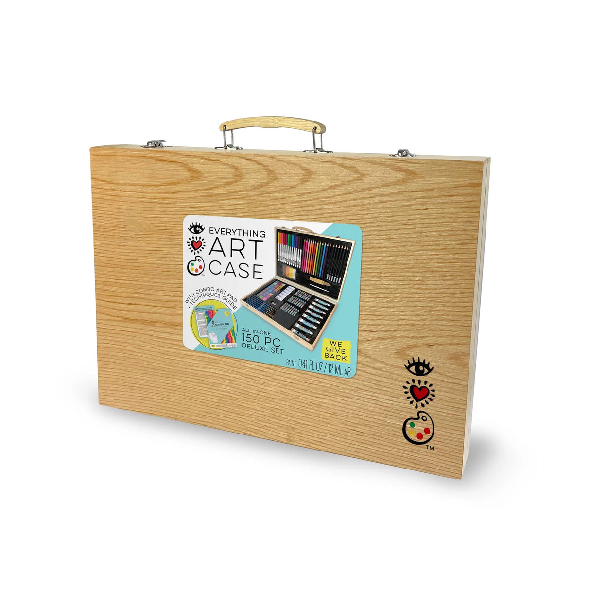 Wooden deluxe art case closed with handle and label showing variety of included art supplies inside