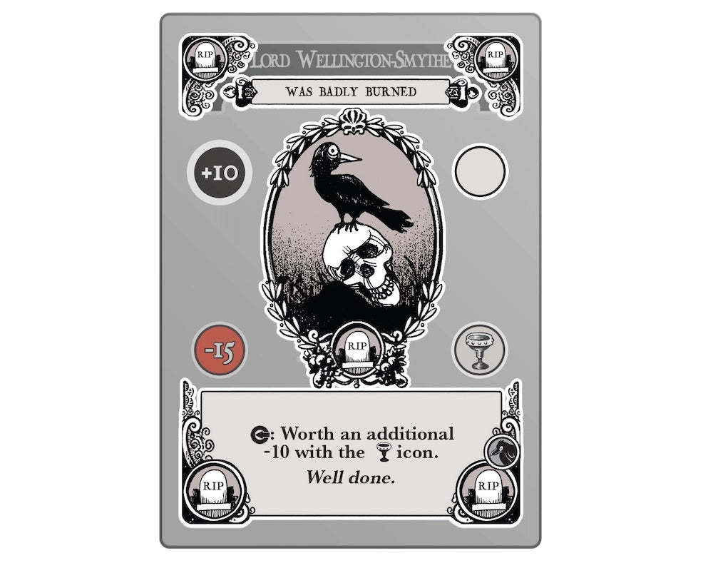 Gloom 2nd Ed. game card showing a raven perched on a skull with point values and decorative borders.
