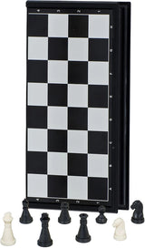 Magnetic travel chess board standing upright with black and white chess pieces displayed in front on white background.
