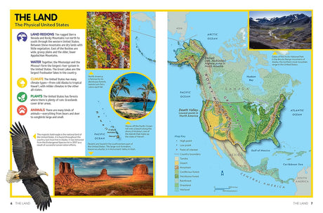 National Geographic Kids Beginners US Atlas showing colorful physical map and photos of US landscapes and wildlife for kids.