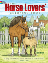 The Horse Lovers' Coloring Book cover shows two horses in a peaceful farm setting with detailed illustrations.