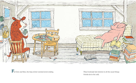 Cow and Sow illustrated book page showing a cow at a table and a sleeping sow on a bed