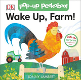 Colorful rooster crowing on a farm with a barn, tractor, and green fields in a children's pop-up book cover.