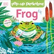 Colorful pop-up book cover with a frog in a pond surrounded by plants and dragonflies for early learning and play.