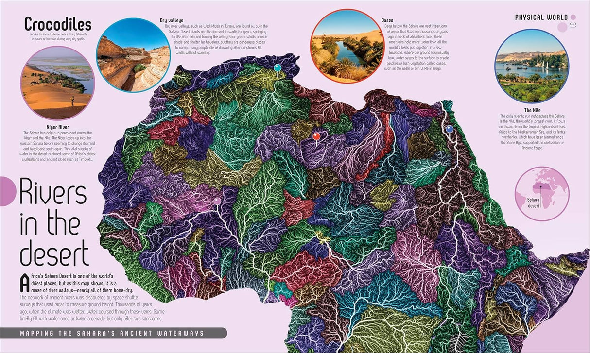 Colorful illustrated map showing ancient waterways of the Sahara Desert with facts about crocodiles and local wildlife for children.