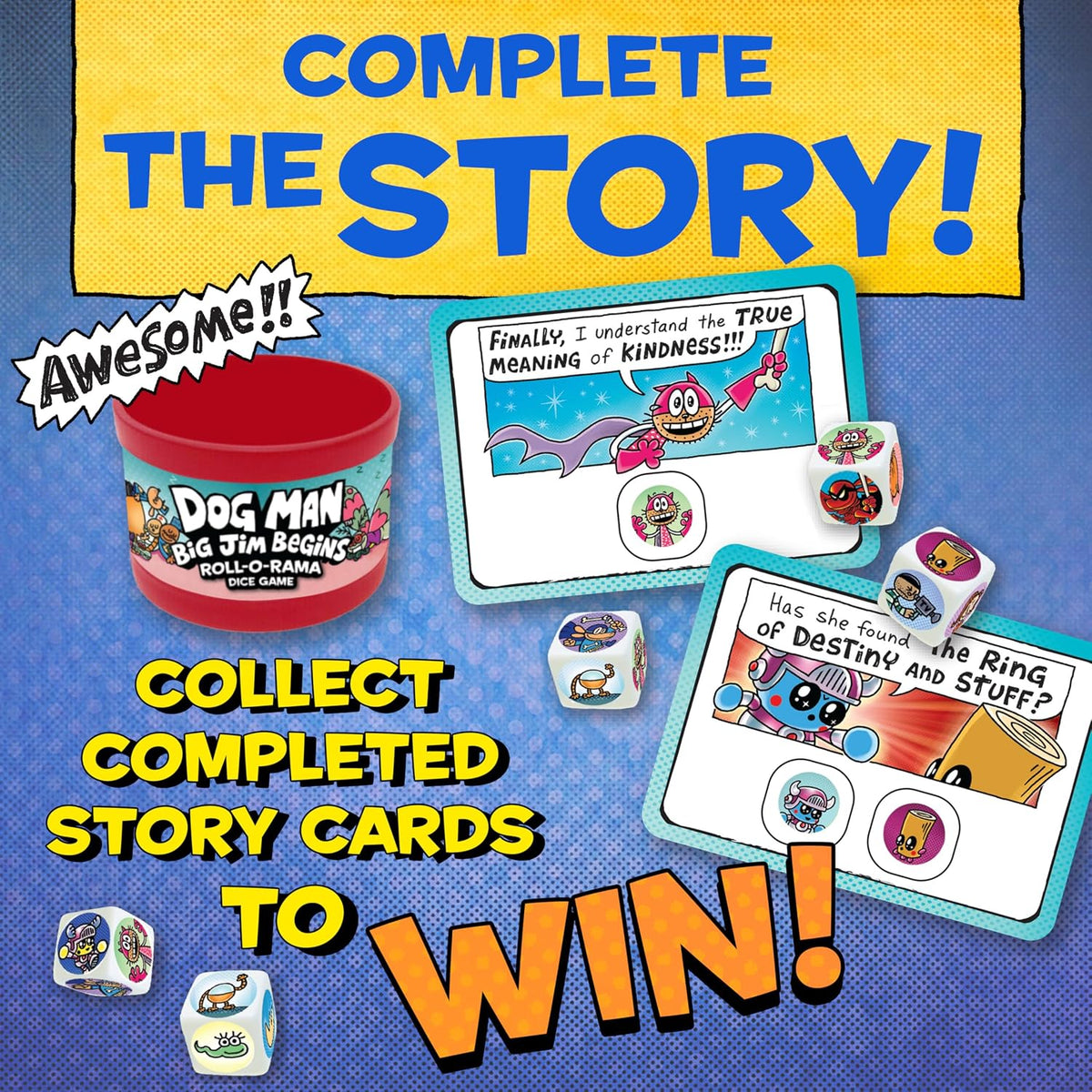 Dog Man Big Jim Begins Dice Game with story cards and colorful dice