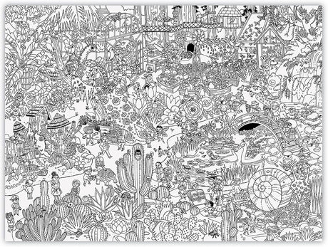 Giant Coloring Poster | Botanical Garden detailed black and white illustration featuring plants, animals, and garden scenes.
