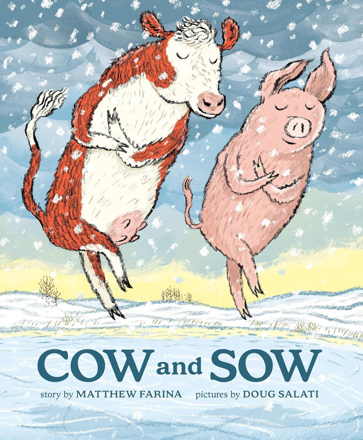 Cow and Sow childrens book cover showing a cow and pig dancing through falling snow